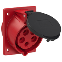 Pin and Sleeve Receptacle Outlet Devices 888-1239-NS IEC 60309 Panel Mount Receptacle Angled Type, IP44 Rated, 30A 200-415V, 32A 220/380-240/415V, 6H, IEC 309 International Pin and Sleeve Devices 